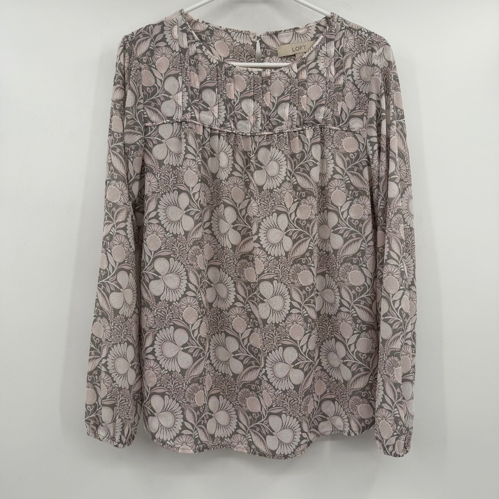 Loft Top Women Small Gray Pink Floral Sheer Long Sleeve Praire Country Cottage
